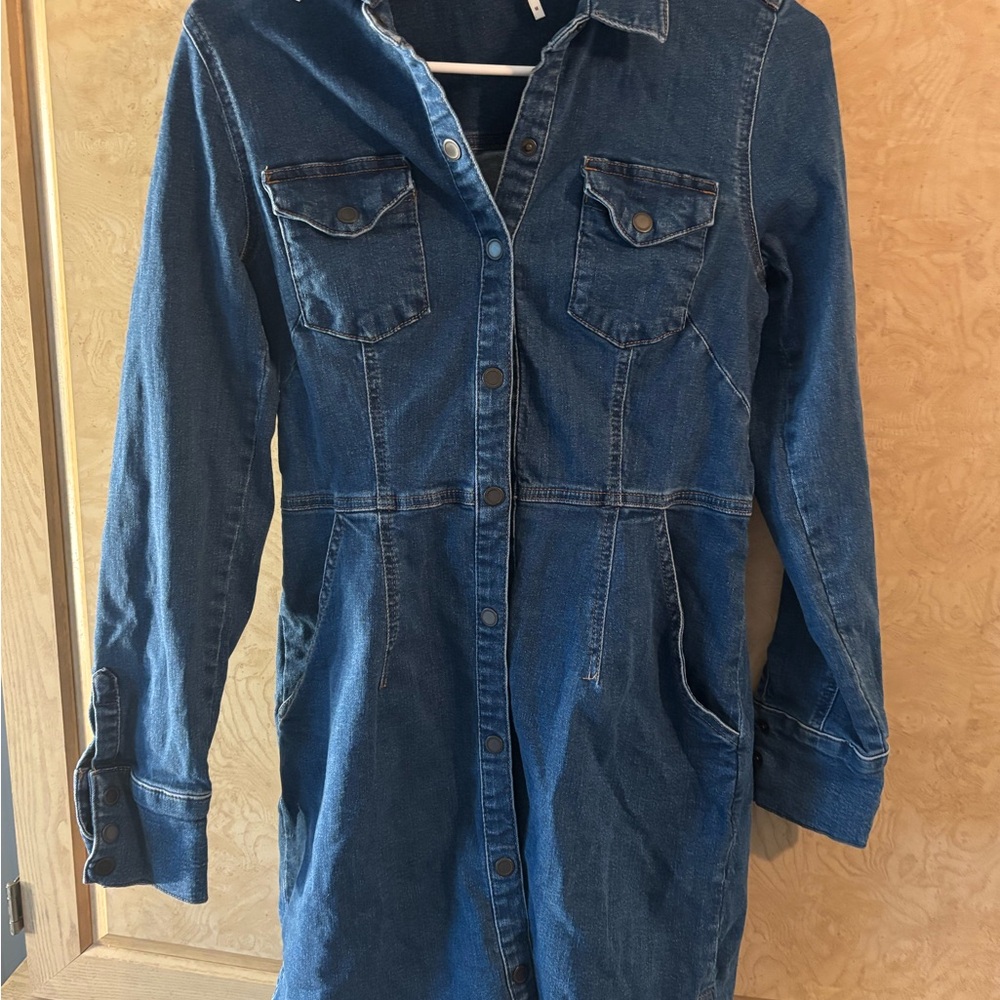 Free People Denim Dress Womens Sz Medium Blue Western Snap Long Sleeve